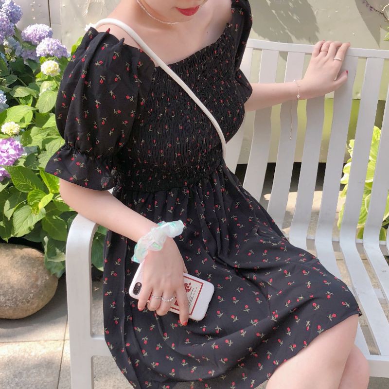 ĐẦM LỤA CỔ VUÔNG HỌA TIẾT HOA XINH DÀY DẶN [DRESS] ⚡Váy Hoa Nhí Nhún Ngực Hàn Quốc | BigBuy360 - bigbuy360.vn