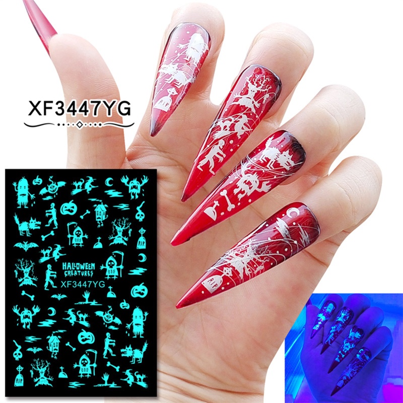 Set 12 Tấm Hình Dán Móng Tay Dạ Quang Chủ Đề Halloween