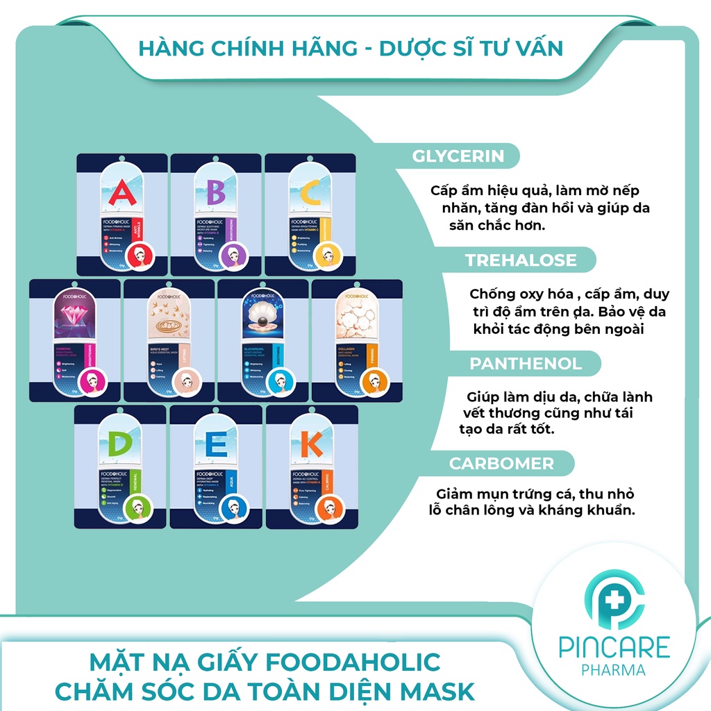 Mặt Nạ Giấy Foodaholic Mask 23g chăm sóc da toàn diện, dưỡng ẩm, dưỡng trắng da - Chính hãng - Nhà Thuốc PinCare