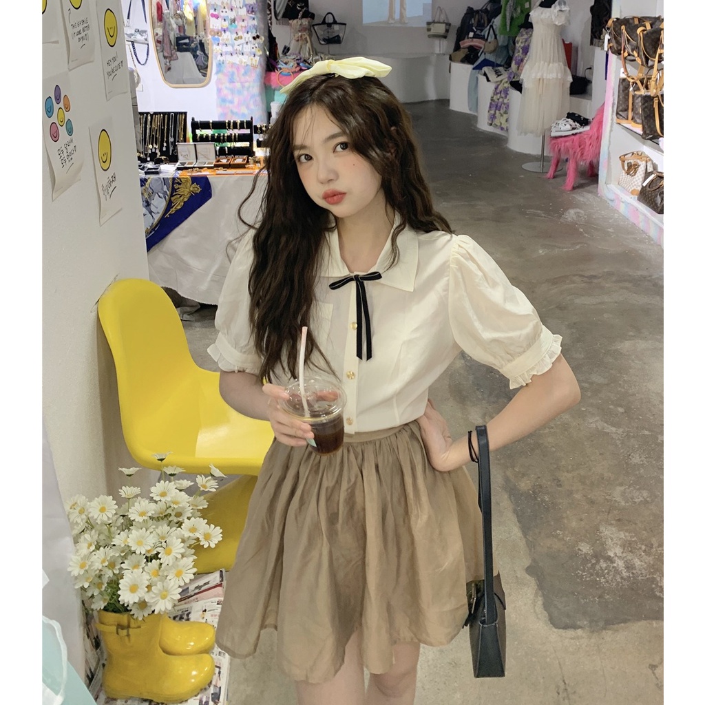 NUZIRO Áo sơ mi  cổ polo tay phồng phong cách cổ điển thời trang mùa hè dành cho nữ