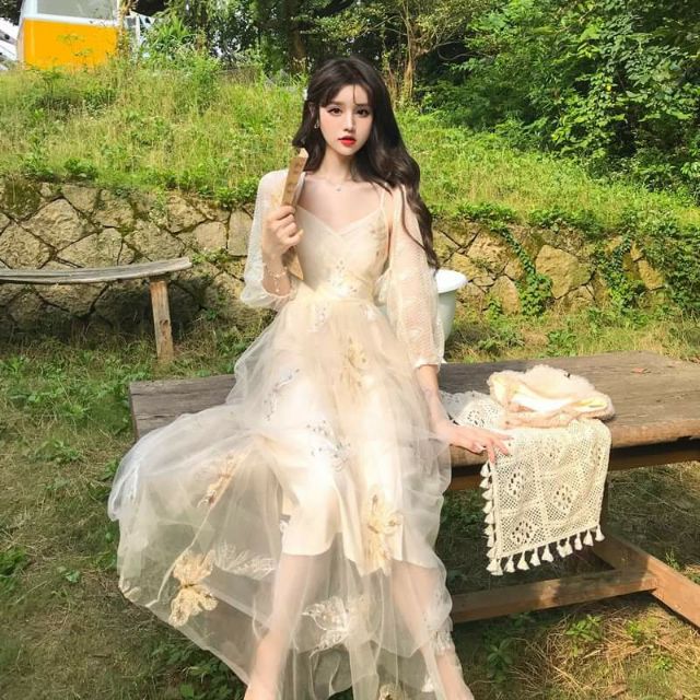 Đầm dây cổ tích lưới thêu hoa ngọt ngào ulzzang | BigBuy360 - bigbuy360.vn