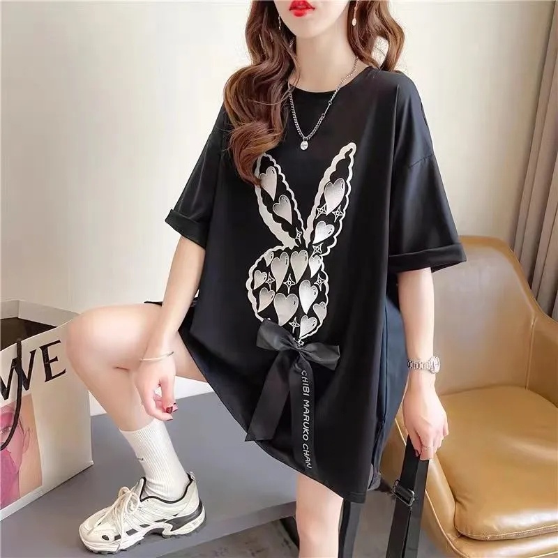 Áo Thun Dáng Rộng Tay Ngắn Đính Nơ Xẻ Tà Thời Trang Cho Nữ 40-100KG C9325