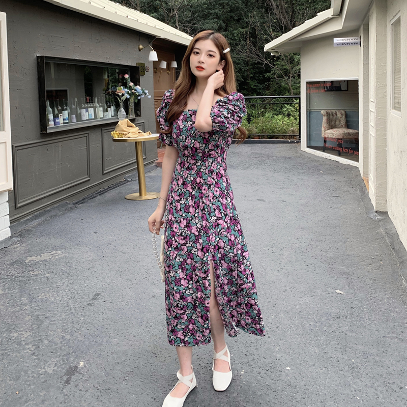 SUXI Đầm Nữ Ngắn Tay Cổ Vuông Họa Tiết Hoa Thời Trang