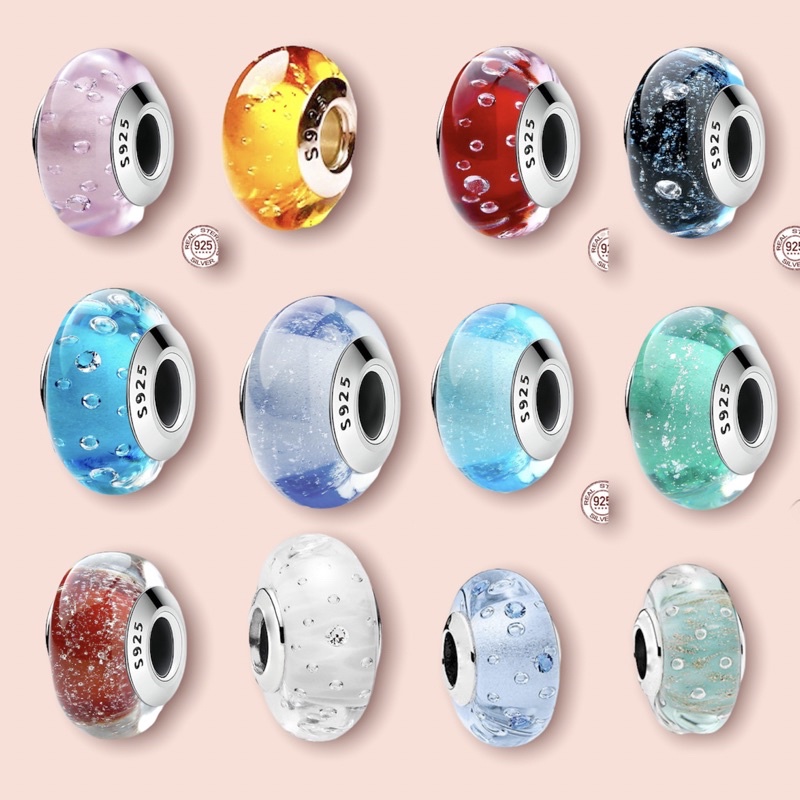 Hạt charm glass bọt trơn bạc s925 Cao cấp (vừa tất cả các loại vòng tay) - CHARMGLASS