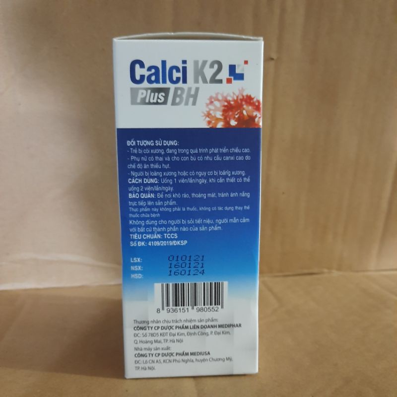 Canxi tảo biển Calci K2 Plus BH lọ 30 viên dùng cho trẻ bị còi xương ,loãng xương ,phụ nữ có thai và cho con bú