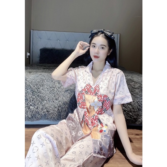 Set đồ ngủ LV hoa chất lụa gấm xước siêu xinh