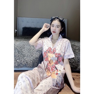 Set đồ ngủ LV hoa chất lụa gấm xước siêu xinh