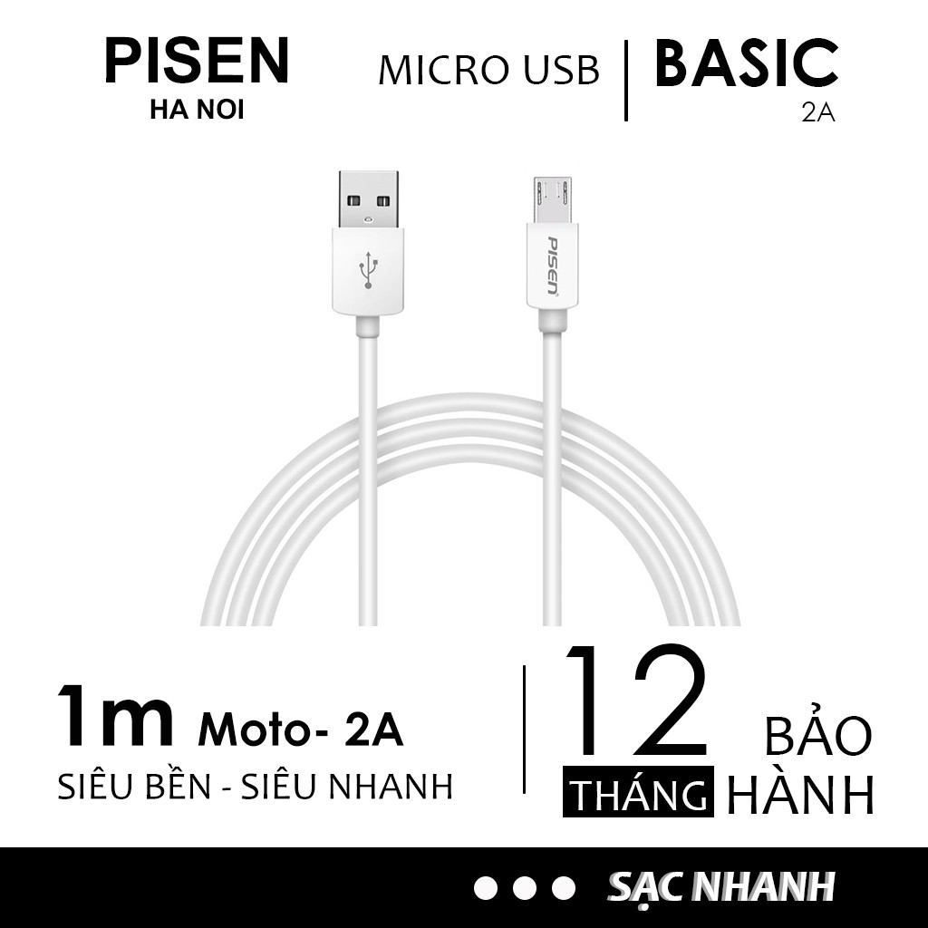 Dây cáp sạc Pisen Micro USB 1000mm Moto-2A cho điện thoại Chính Hãng