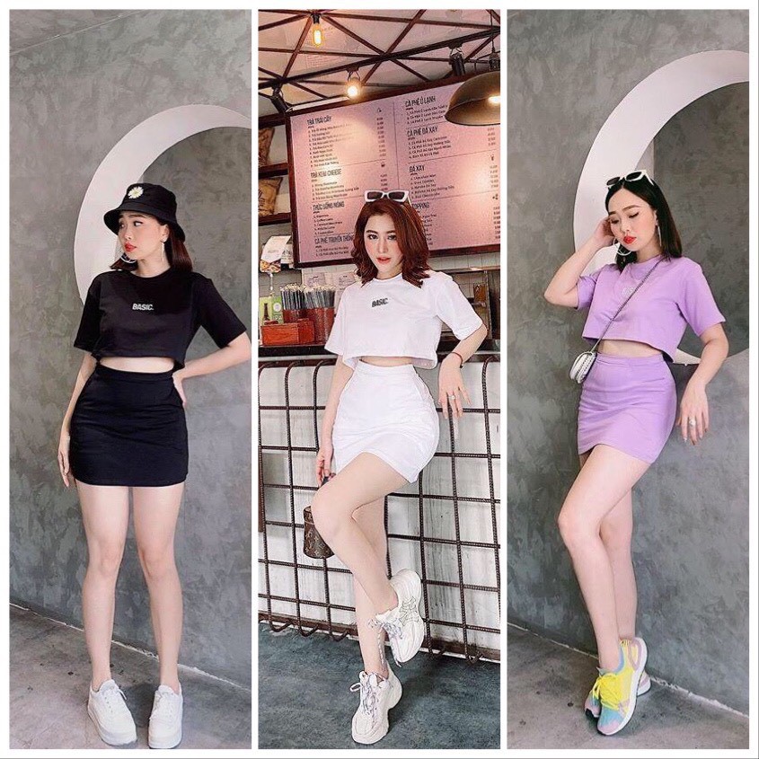 Set Áo Croptop Kèm Chân Váy Thêu Basic