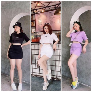 Set Áo Croptop Kèm Chân Váy Thêu Basic