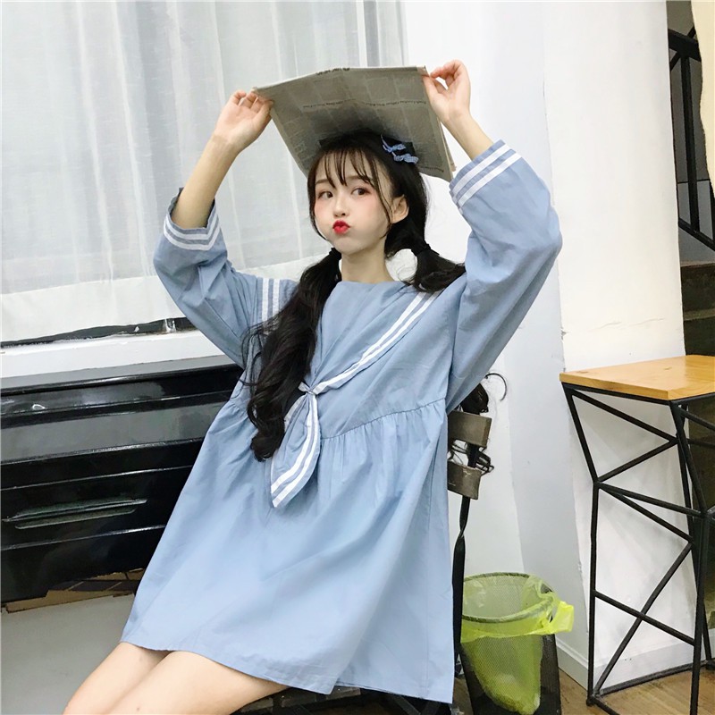 Đầm baby doll tay dài thủy thủ dễ thương ulzzang ( 2 màu )