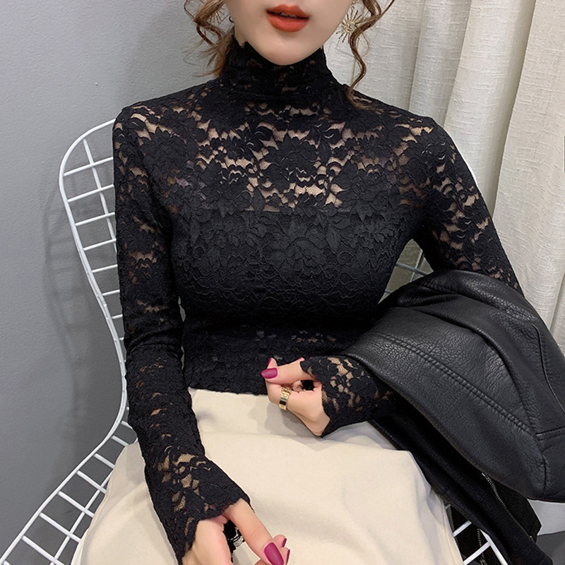 Autumn 2020 new half high neck slim fit long sleeve T-shirt women's autumn winter hollow lace bottoming top