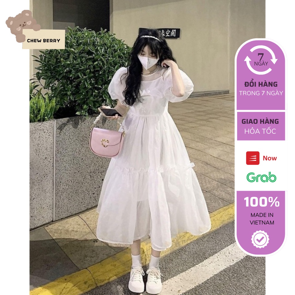 Váy Babydoll trắng Nơ Trước Ngực Công Chúa Tay Bồng Dáng dài 3 Tầng