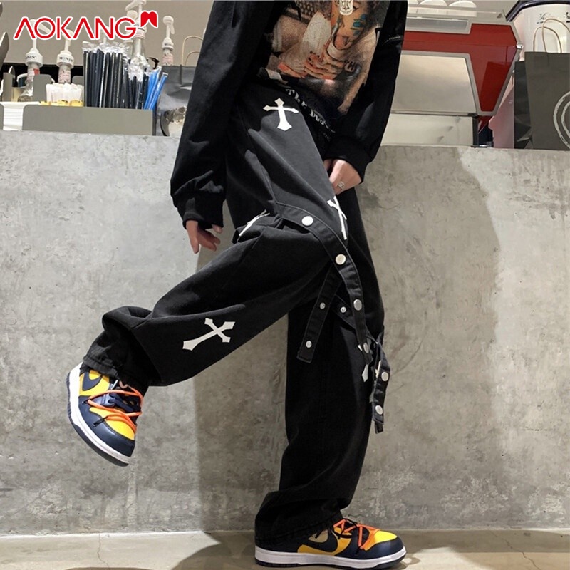 Quần jean AOKANG màu đen dáng suông buộc dây cá tính thời trang dành cho nam