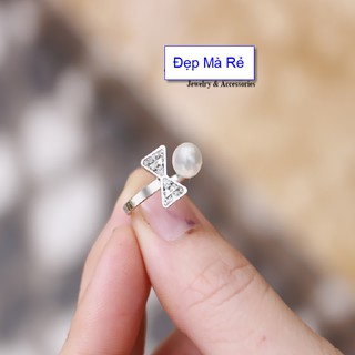 Nhẫn nơ kiểu nữ đính đá phối ngọc xinh xinh - Tự điều chỉnh được theo ngón tay - Cam kết 1 đổi 1 nếu đen và gỉ sét