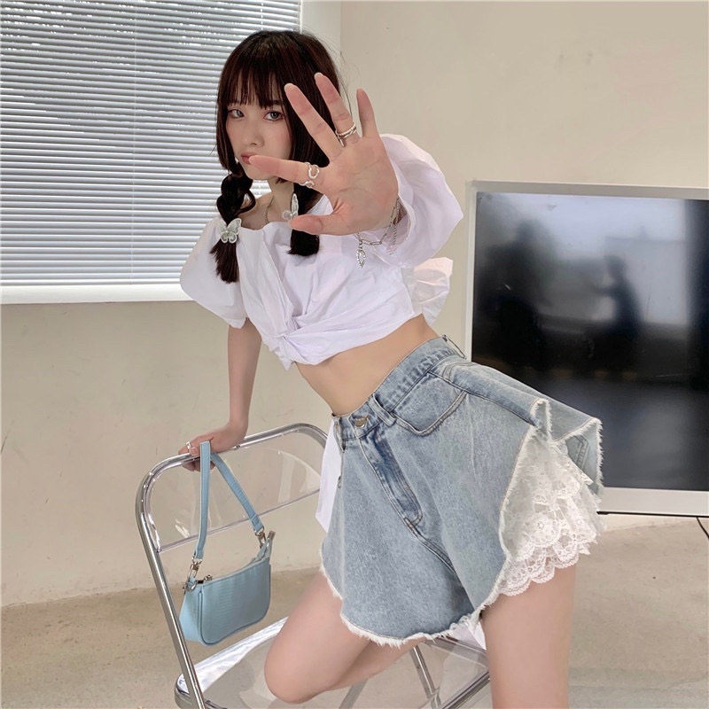 Quần Đùi Jeans Nữ [Tiệm Vải Xinh] Quần Đùi Short Jeans Mix Quần Ren Dễ Thương