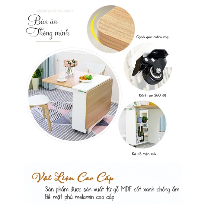 Bàn ăn thông minh IGA có kệ để đồ bánh xe xoay 360 độ