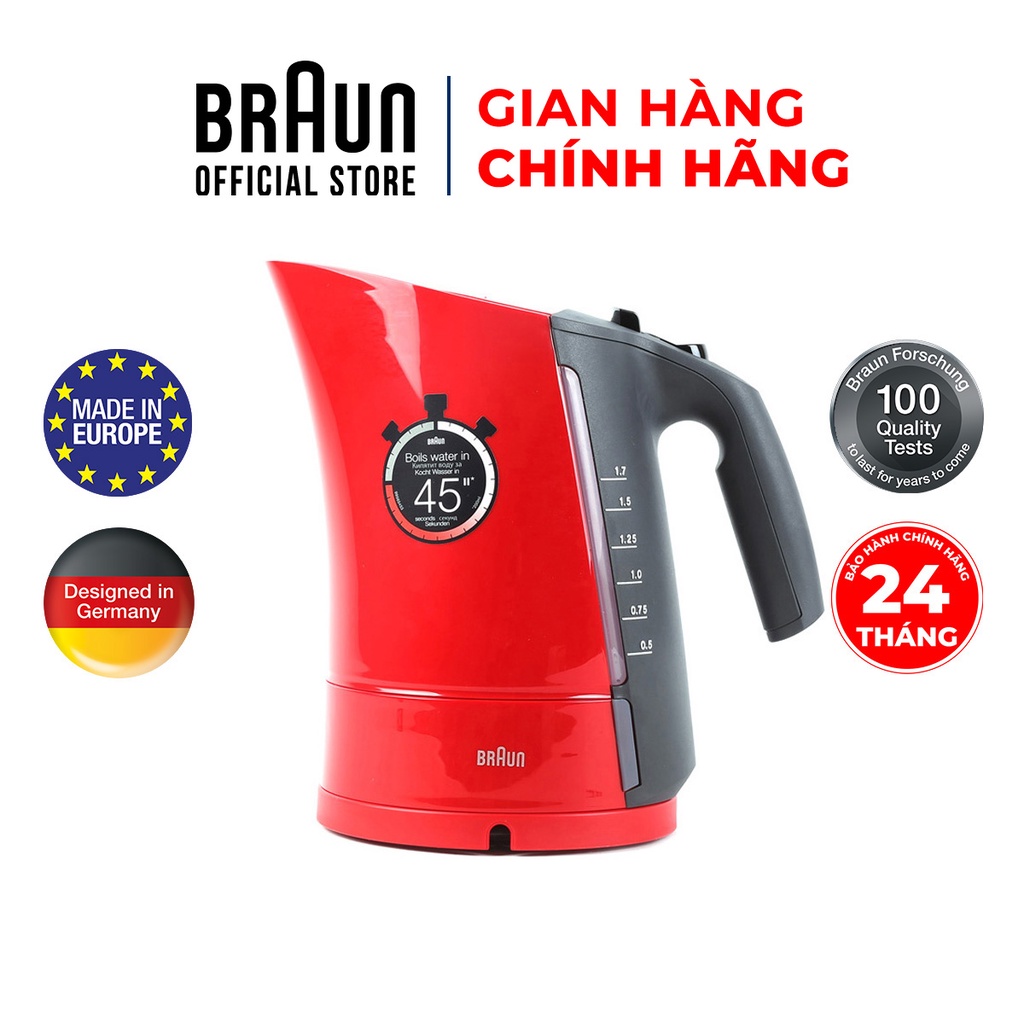 Ấm đun nước siêu tốc Braun WK300RD Sản xuất 100% tại Châu Âu Công suất 2200w, đun siêu tốc chỉ 45 giây, dung tích 1.7l