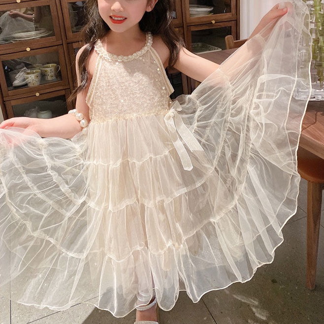 Đầm Công Chúa Không Tay Phối Lưới Xinh Xắn Theo Phong Cách Mùa Hè Dành Cho Bé Gái