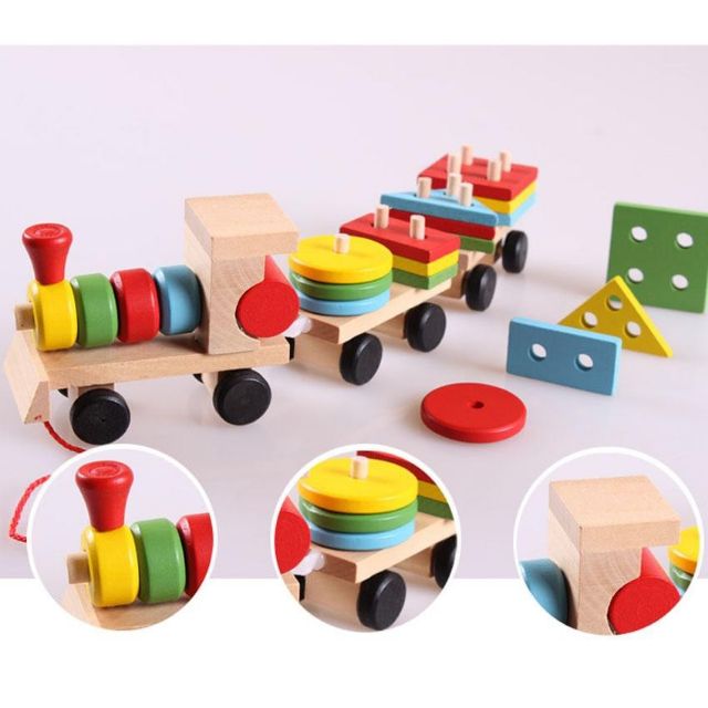 Đồ chơi đoàn tàu thả hình khối, nhận biết màu sắc, đồ chơi gỗ