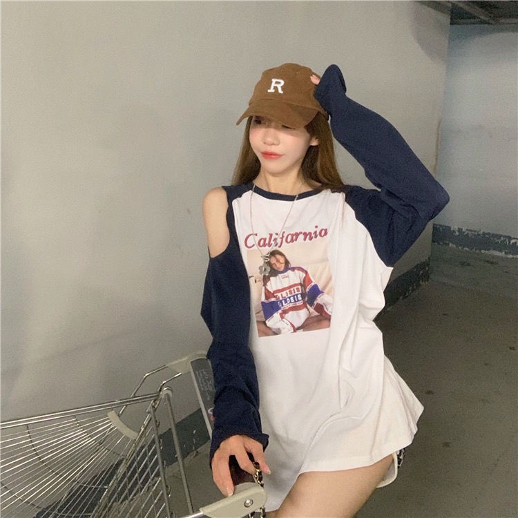 COZOK Áo Thun Tay Dài Trễ Vai Hoạ Tiết Chữ Thiết Kế Dáng Rộng Thoải Mái