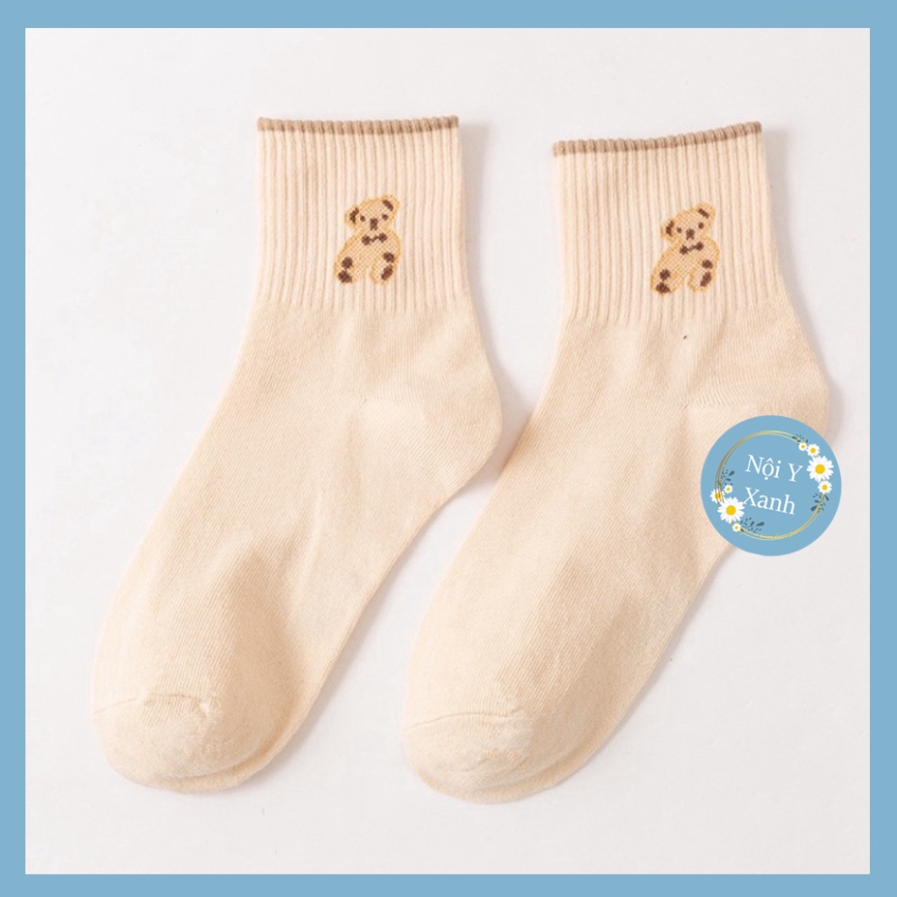 Tất dệt kim cổ cao thêu gấu Phong Cách Vintage Hàn Quốc Mẫu tcc2 Nội Y Xanh chất thoáng mát cao cấp