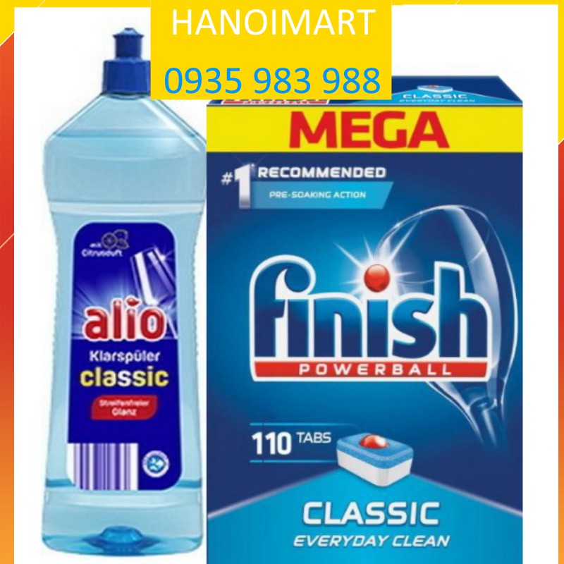 Combo 110 Viên rửa bát Finish +1 Lit Nước làm bóng alio  dùng cho máy rửa bát chén