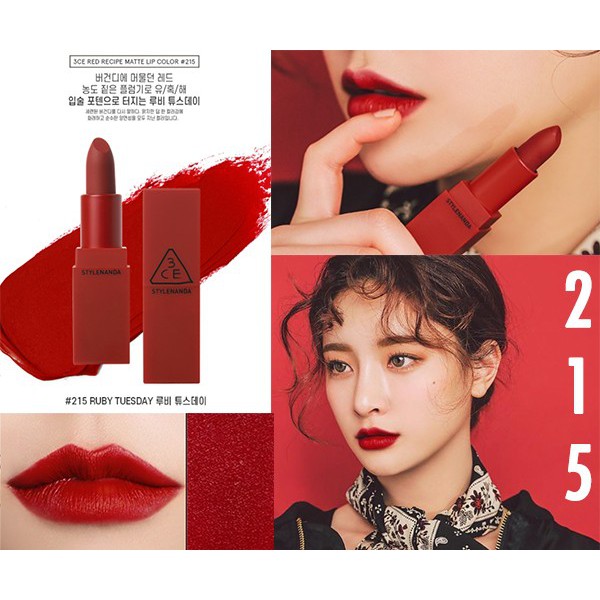 (Auth 100%) son lì thỏi 3ce red mood recipe 212 đỏ thuần 215 đỏ rượu -cosmetic999 | BigBuy360 - bigbuy360.vn
