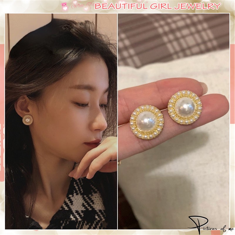 Khuyên tai mạ bạc 925 thiết kế tròn đính hạt ngọc trai nhân tạo phong cách Hàn Quốc thời trang dành cho nữ