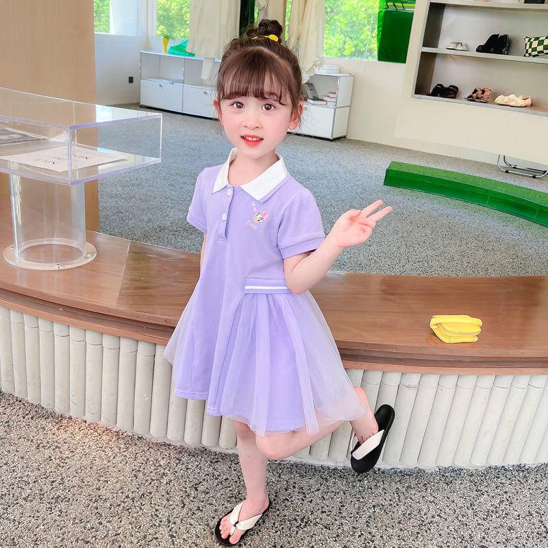 Áo đầm cổ polo dài trung bình tay ngắn phong cách sinh viên phương Tây Hàn Quốc dành cho bé gái