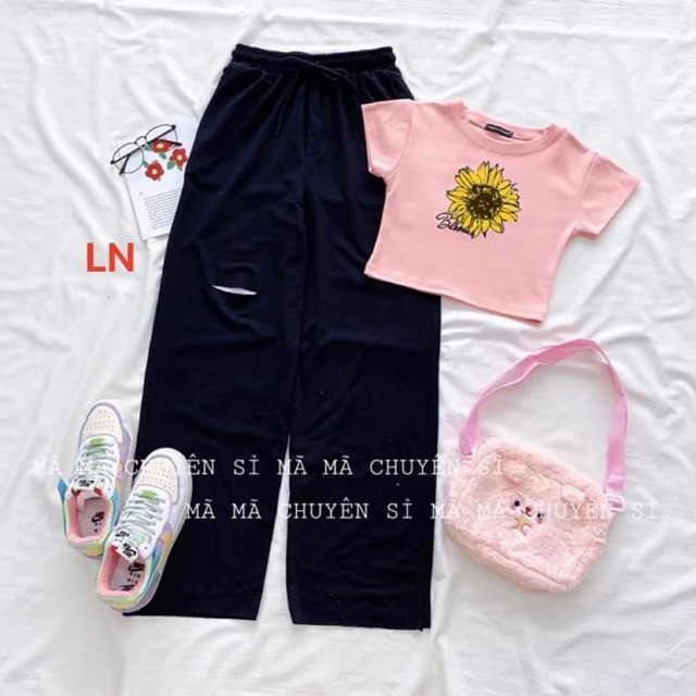 Sét crt cúc vàng Blo + quần rộng rách DAN876