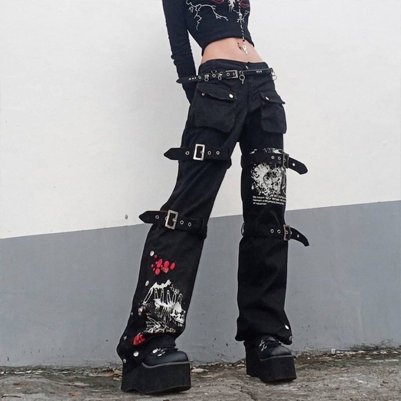 Quần jean baggy ống rộng lưng cao phối túi kèm thắt lưng phong cách Harajuku cho nữ