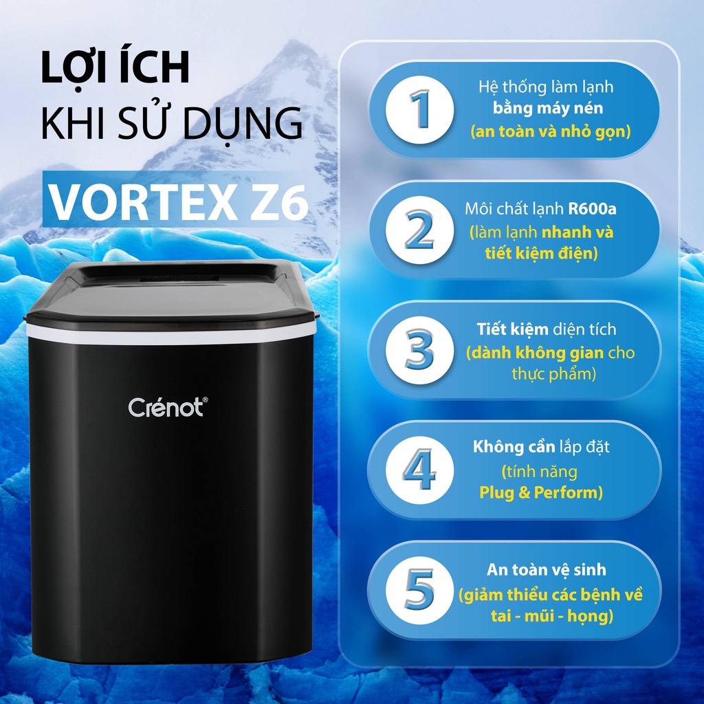 Máy Làm Đá Viên Crenot Vortex Z6 Tủ Đá Giữ Nhiệt Mini Gia Đình Tạo Đá Siêu Tốc Trong 9 - 15 Phút Bảo Hành 12 Tháng