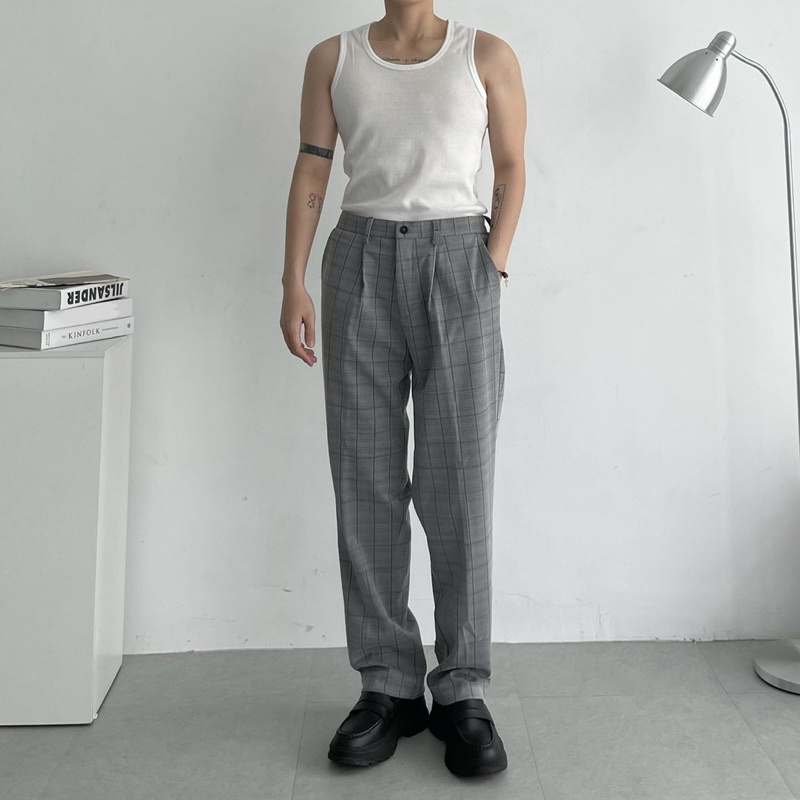 Quần ống xuông caro xám