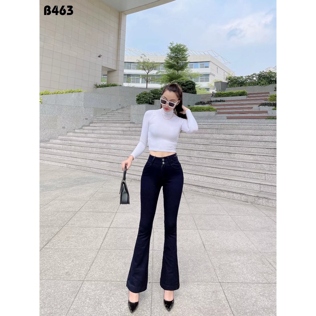 Quần bò nữ ống loe lưng cao 2 nút màu đen mẫu trơn co giãn có size đại