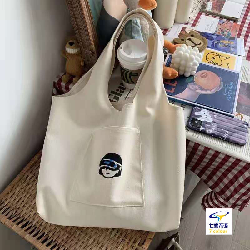 Túi Tote Canvas Đeo Vai Họa Tiết Đơn Giản Dễ Thương Cho Nữ