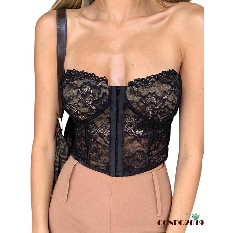 Hgm Áo Croptop Trễ Vai Phối Ren Xuyên Thấu Màu Trắng / Đen Gợi Cảm Cho Nữ