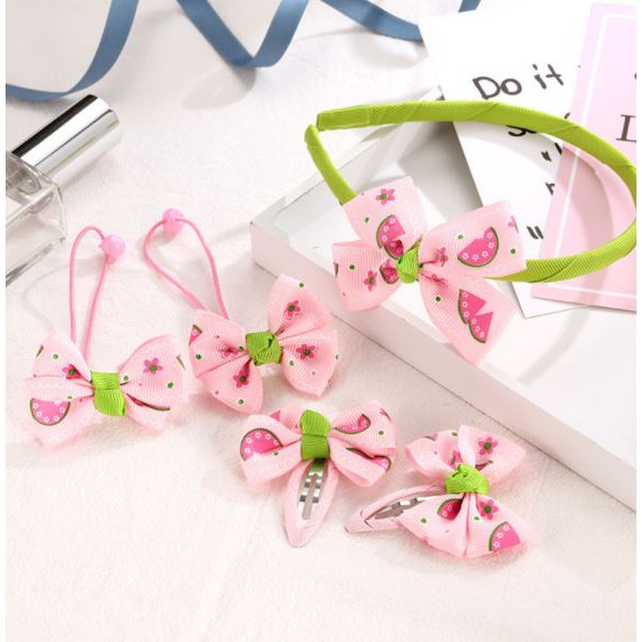Bộ quà tặng băng đô kẹp tóc buộc tóc hoa sắc màu và nơ dưa hấu bé gái