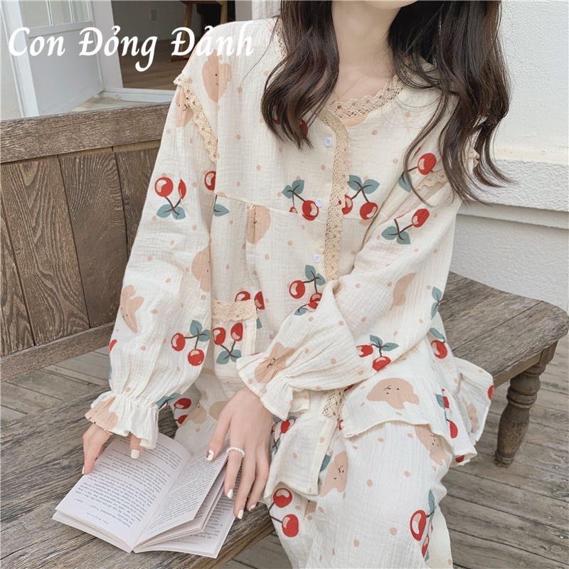 Bộ Đồ Ngủ Pijama Dài Tay Cổ Tròn In Họa Tiết Hoa Kiểu Nhật Bản Thời Trang Xuân Thu Cho Nữ DN042 Con Đỏng Đảnh