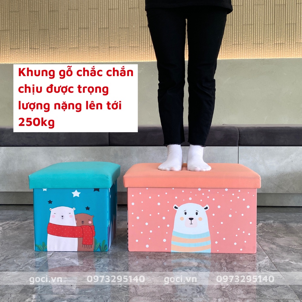 Thùng đựng đồ chơi kiêm ghế đôn ngồi gấp gọn đa năng cho trẻ em ngồi và đựng đồ tiện lợi hàng VNKK khung gỗ cứng