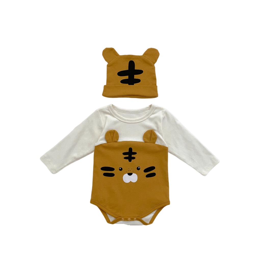 Bộ Áo Liền Quần Dài Tay In Hoạt Hình Hổ Kèm Nón Thời Trang Xuân Thu Cho Bé Sơ Sinh