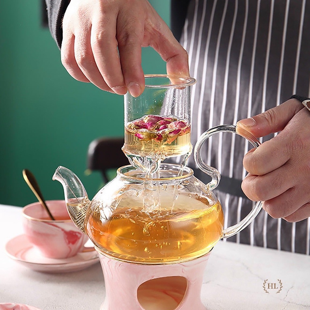 Bộ ấm chén pha trà hoa sứ xương cao cấp kèm 6 đĩa lót tách và giá treo cốc vân hồng, quà tặng ý nghĩa