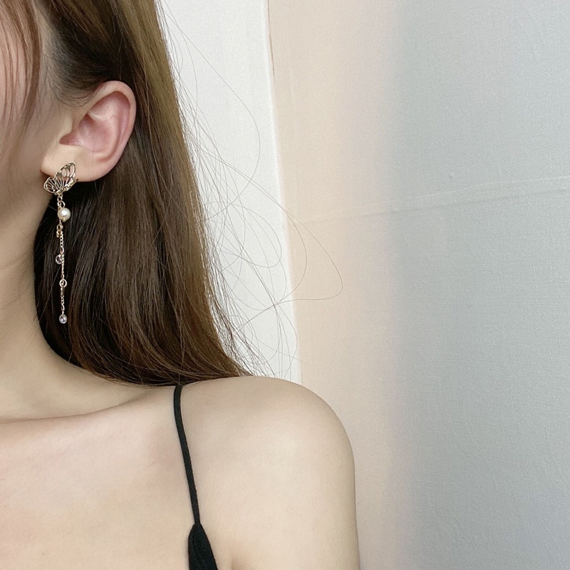 Bông Tai Bạc Dáng Dài Hình Bướm Ba Chiều Đính Ngọc Trai Pha Lê Siêu Nữ Tính JP5