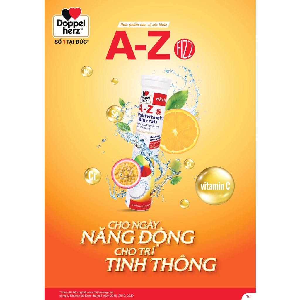 [TPCN Nhập Khẩu] Viên sủi bổ sung 21 Vitamin và khoáng chất Doppelherz A-Z Fizz Multivitamins and Minerals (Tuýp 13v)