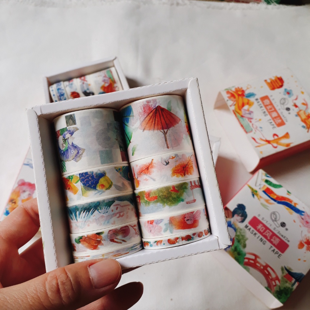 Set 10 cuộn washi tape, băng keo giấy hoa văn dễ thương