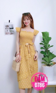 Đầm voan chấm bi tầng xéo nơ
