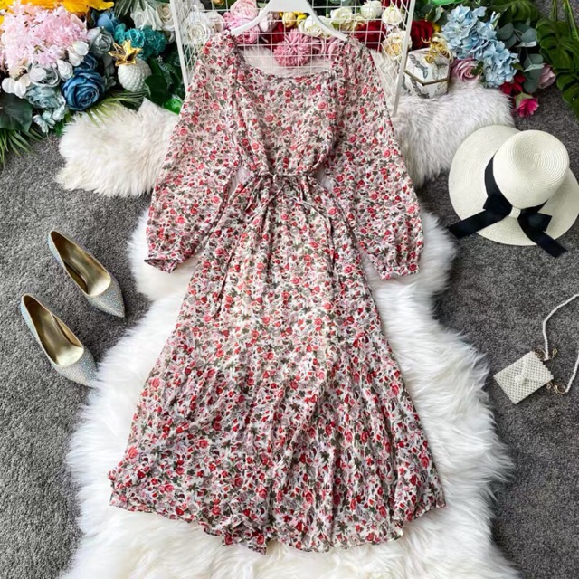 Váy đầm maxi hoa nhí voan hoa dài tay phồng vintage xoè đuôi cá thắt dây eo tiểu thư retro xinh xắn