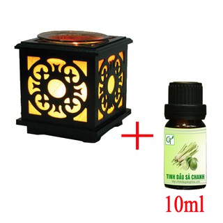 Đèn xông tinh dầu Gỗ Cao Cấp + Tinh dầu sả chanh đuổi muỗi 10ml + Tặng bóng dự phòng - Đèn Tinh Dầu Cao Cấp