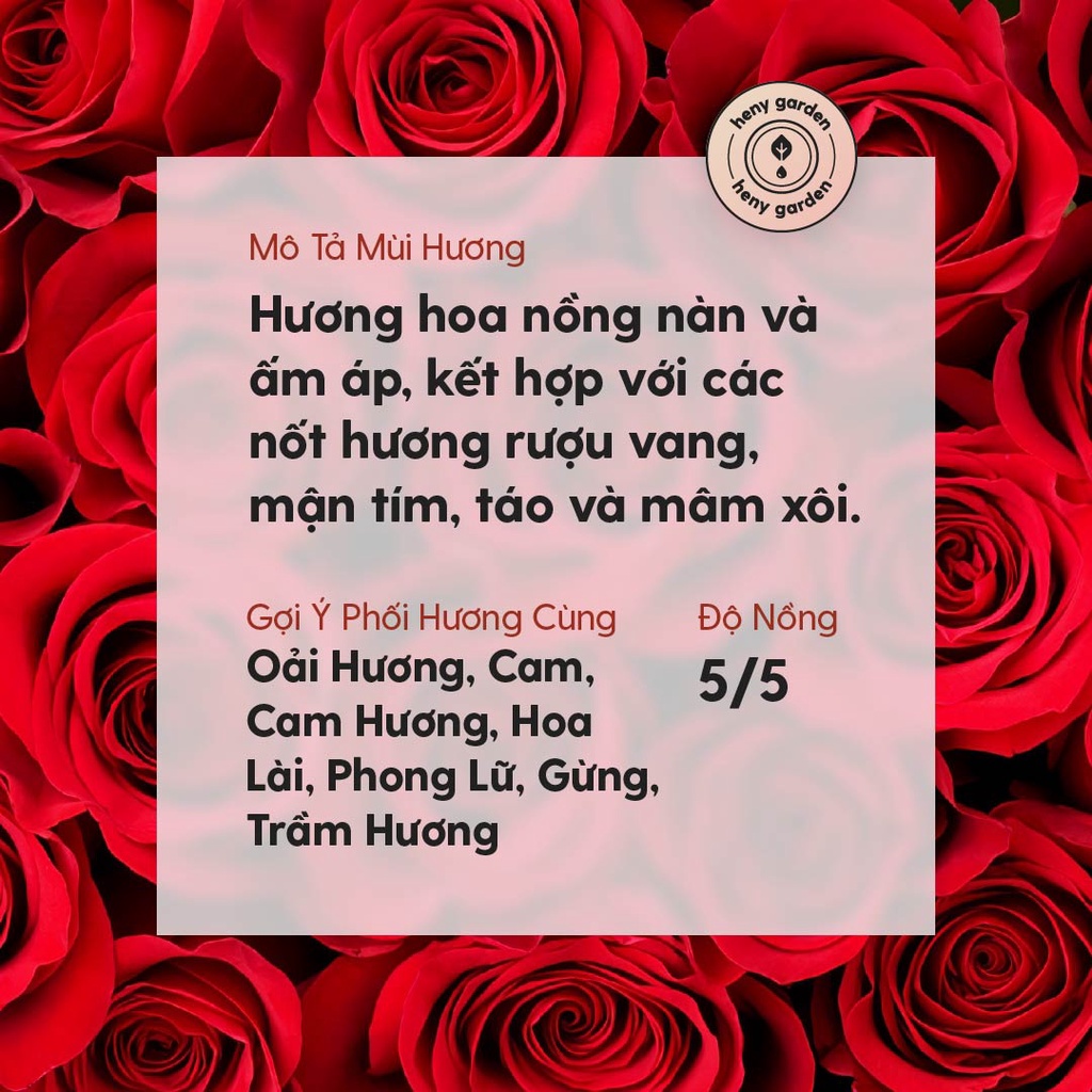 Tinh Dầu Hoa Hồng Organic Nguyên Chất Đậm Đặc Xông Thơm Phòng, Làm Nến Thơm Thiên Nhiên, Giúp Dễ Ngủ Heny Garden 10mL