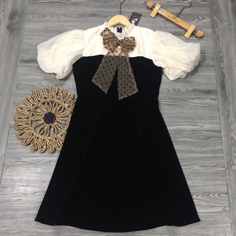 Váy nữ Thiết Kế xòe tay bồng nơ cổ xinh xắn, Đầm nhung dự tiệc sang chảnh HN clothing V25 2 | BigBuy360 - bigbuy360.vn